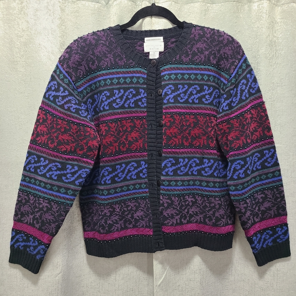 Vintage Christopher & Banks HAND‎ EMBROIDERED Cardigan M flaws RAMIE COTTON